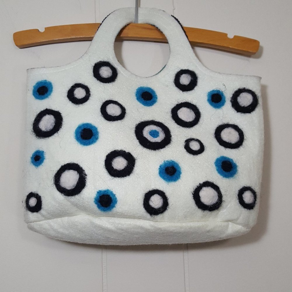 Vintage felted wool bag circles patches ivory